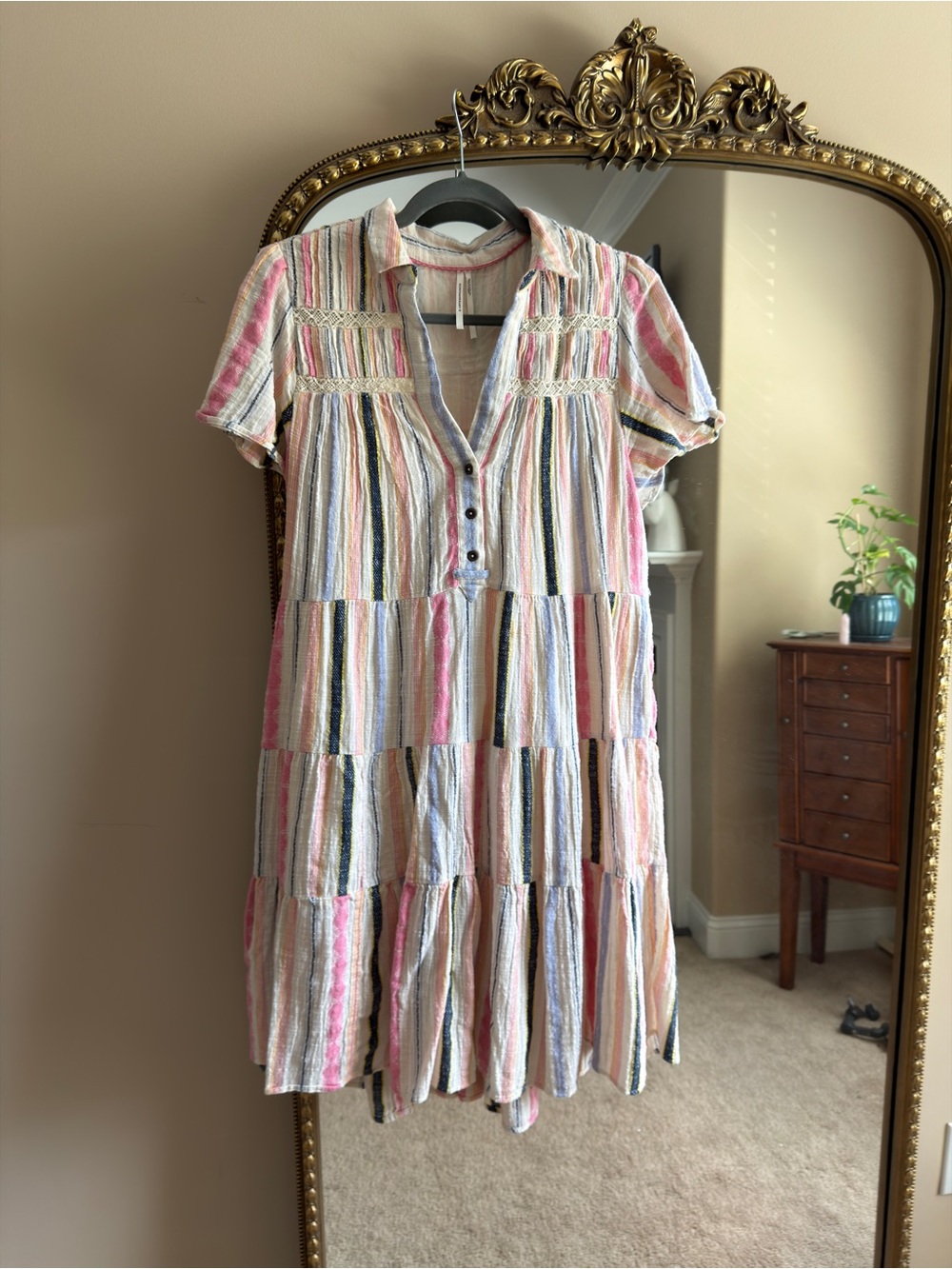 Anthropologie Pastel Striped Tiered Button-Front Midi Dress